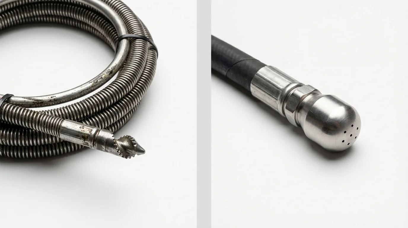 Drain snake cable and hydro jetting nozzle used for drain cleaning in Lake Forest, CA