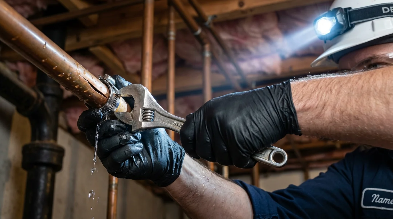 Emergency pipe clamp repair being performed by a Johns Plumbing LLC plumber in Lake Forest