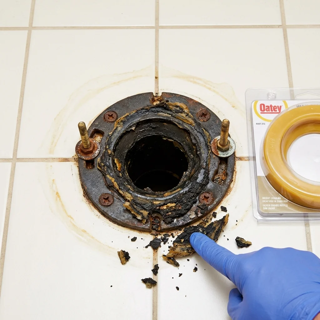 Failed wax ring showing water seepage at the base of a toilet in a Lake Forest, CA home