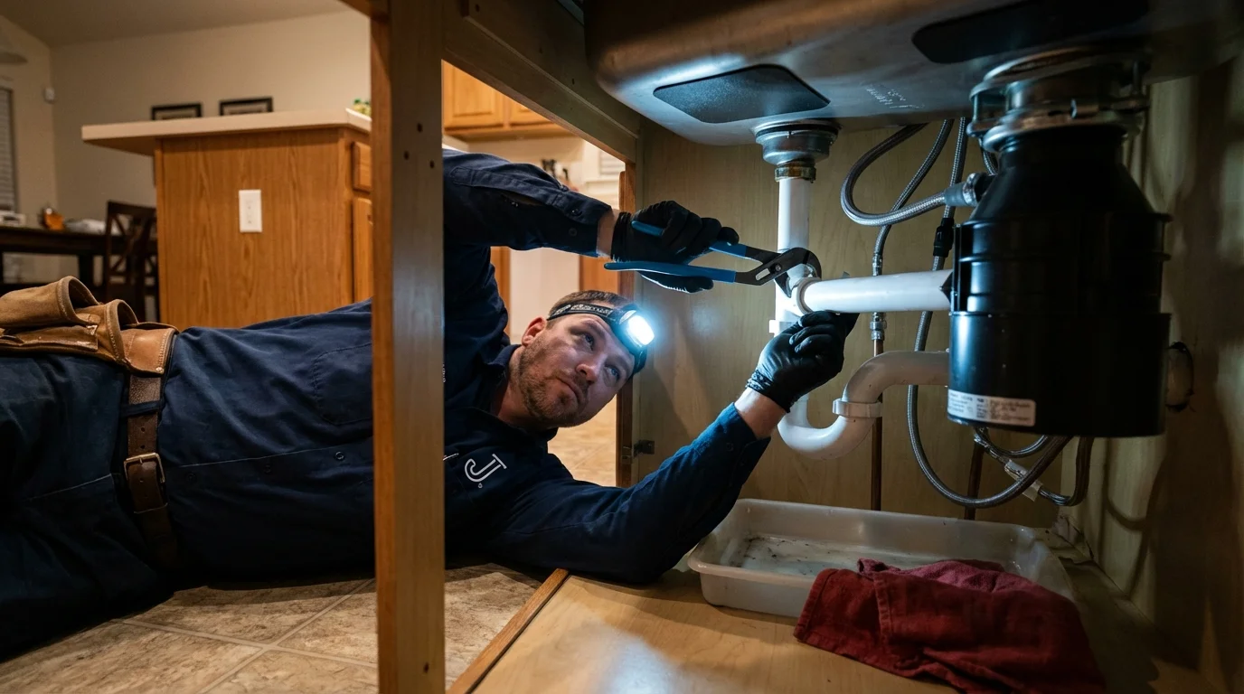 P-trap and supply line connections under a kitchen sink showing a common leak point in Lake Forest, CA